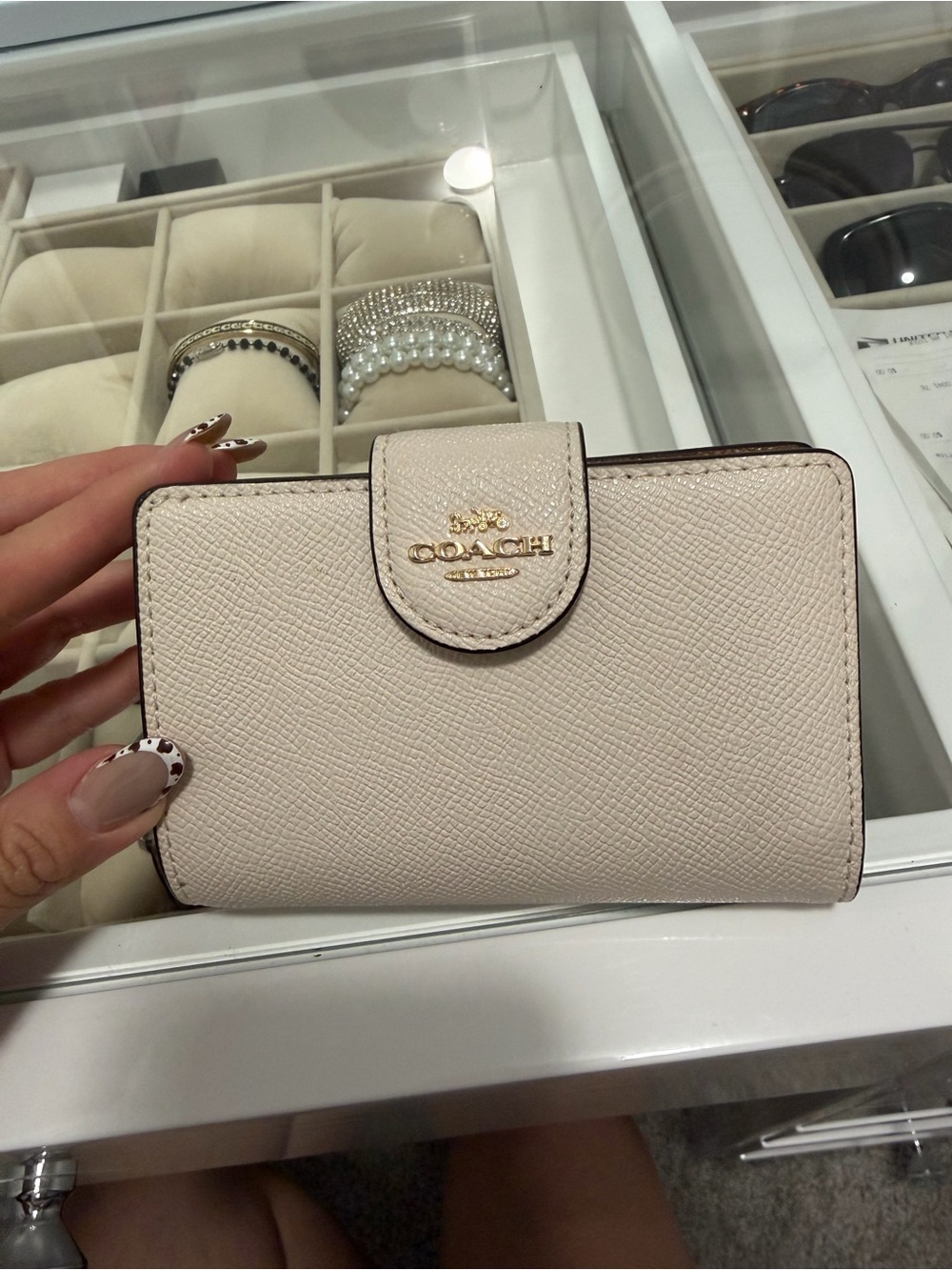 COACH Pebbled Leather Mini Wallet in Soft Cream with Gold Logo